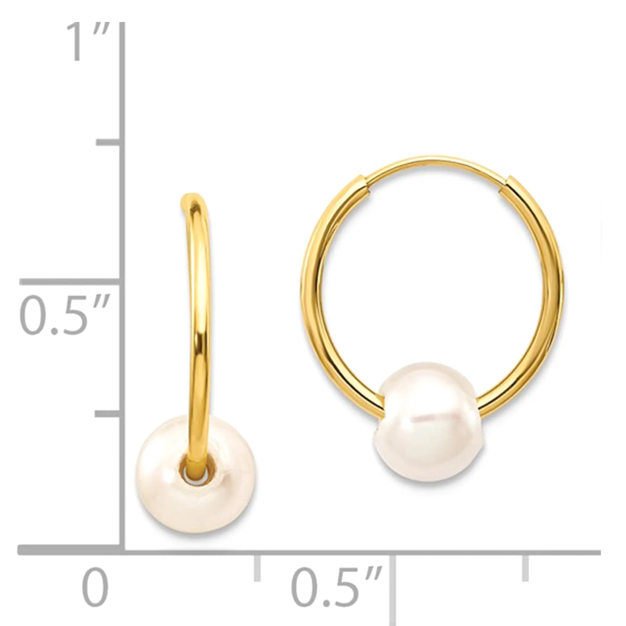 14k Real Yellow Gold 5.5 mm White Round Freshwater Cultured Pearl Endless Hoop Earrings