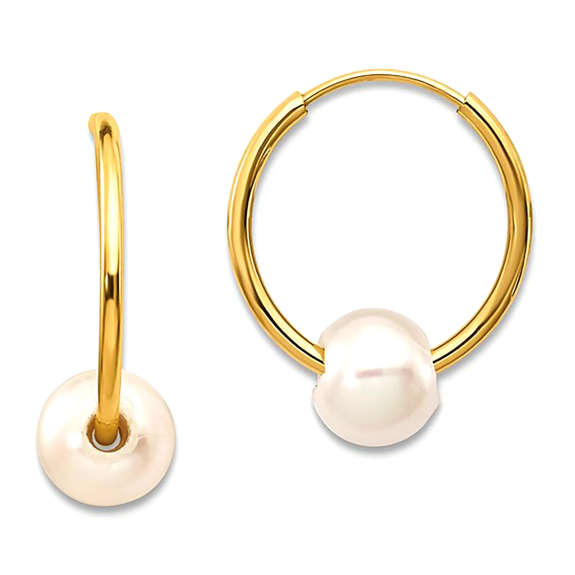 14k Real Yellow Gold 5.5 mm White Round Freshwater Cultured Pearl Endless Hoop Earrings