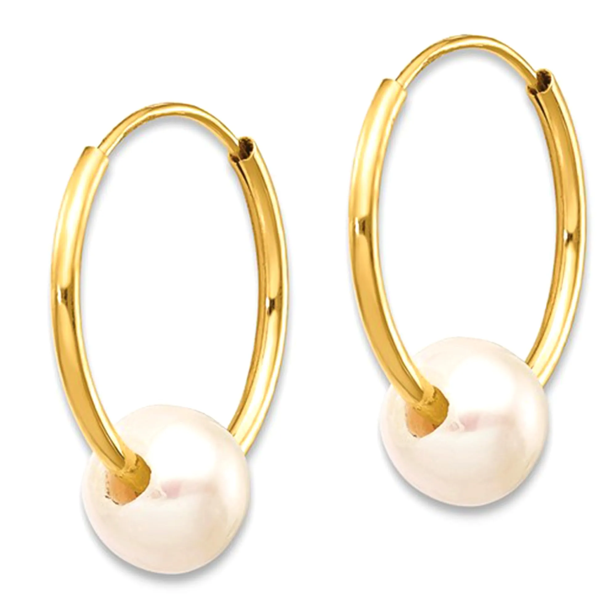 14k Real Yellow Gold 5.5 mm White Round Freshwater Cultured Pearl Endless Hoop Earrings