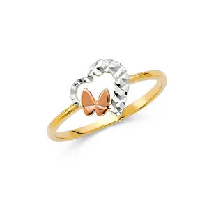 14K Solid Gold CZ Simple Heart and Butterfly Ring