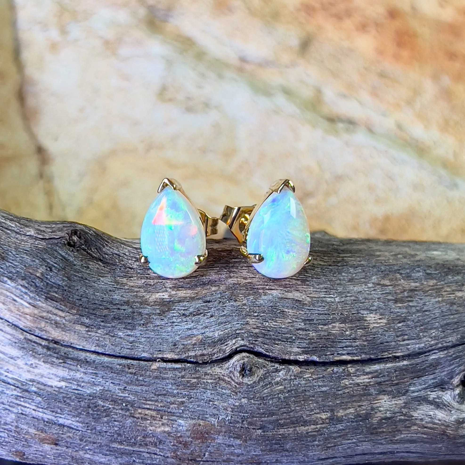 14kt Yellow Gold Pear shape Crystal Opal 2.19ct studs