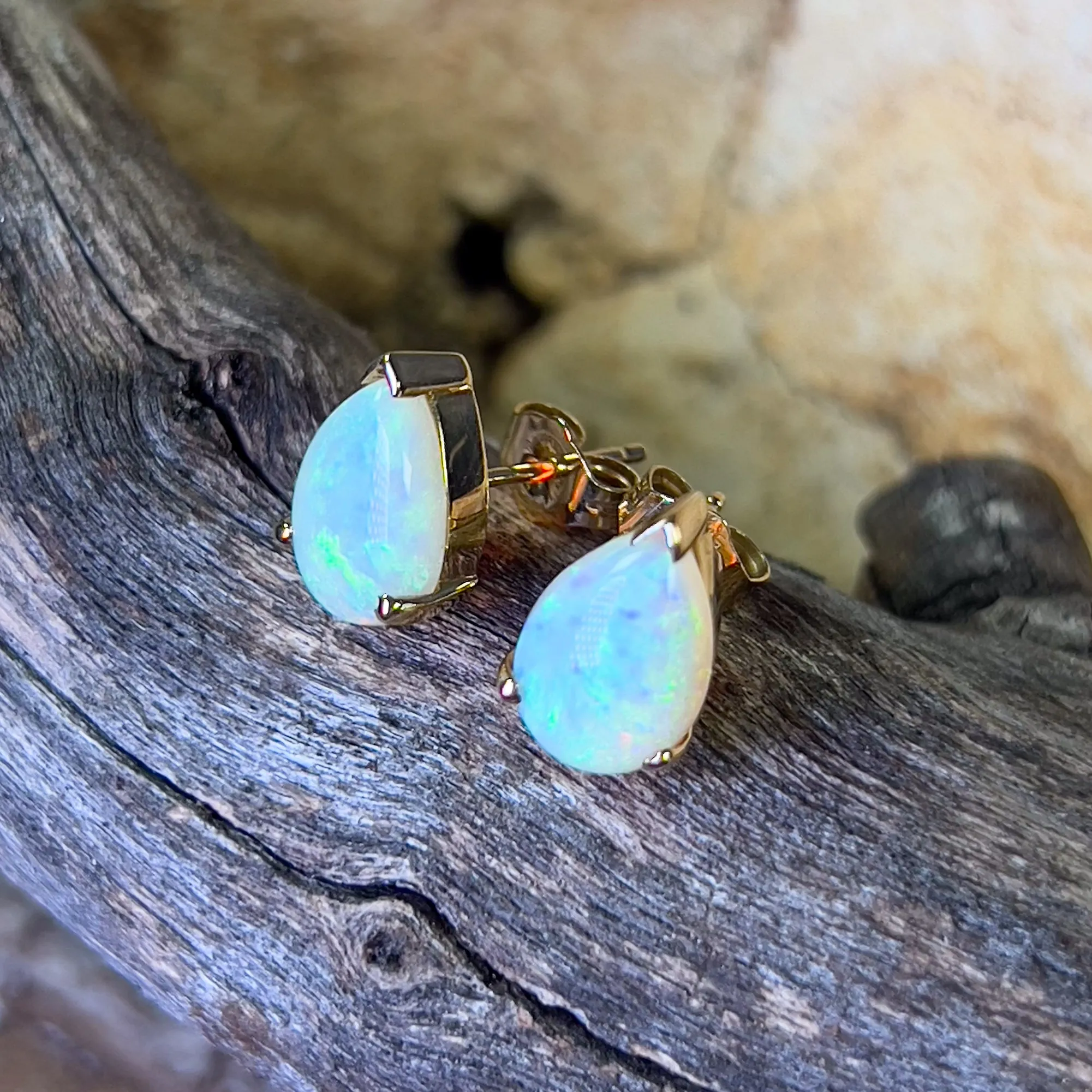 14kt Yellow Gold Pear shape Crystal Opal 2.19ct studs