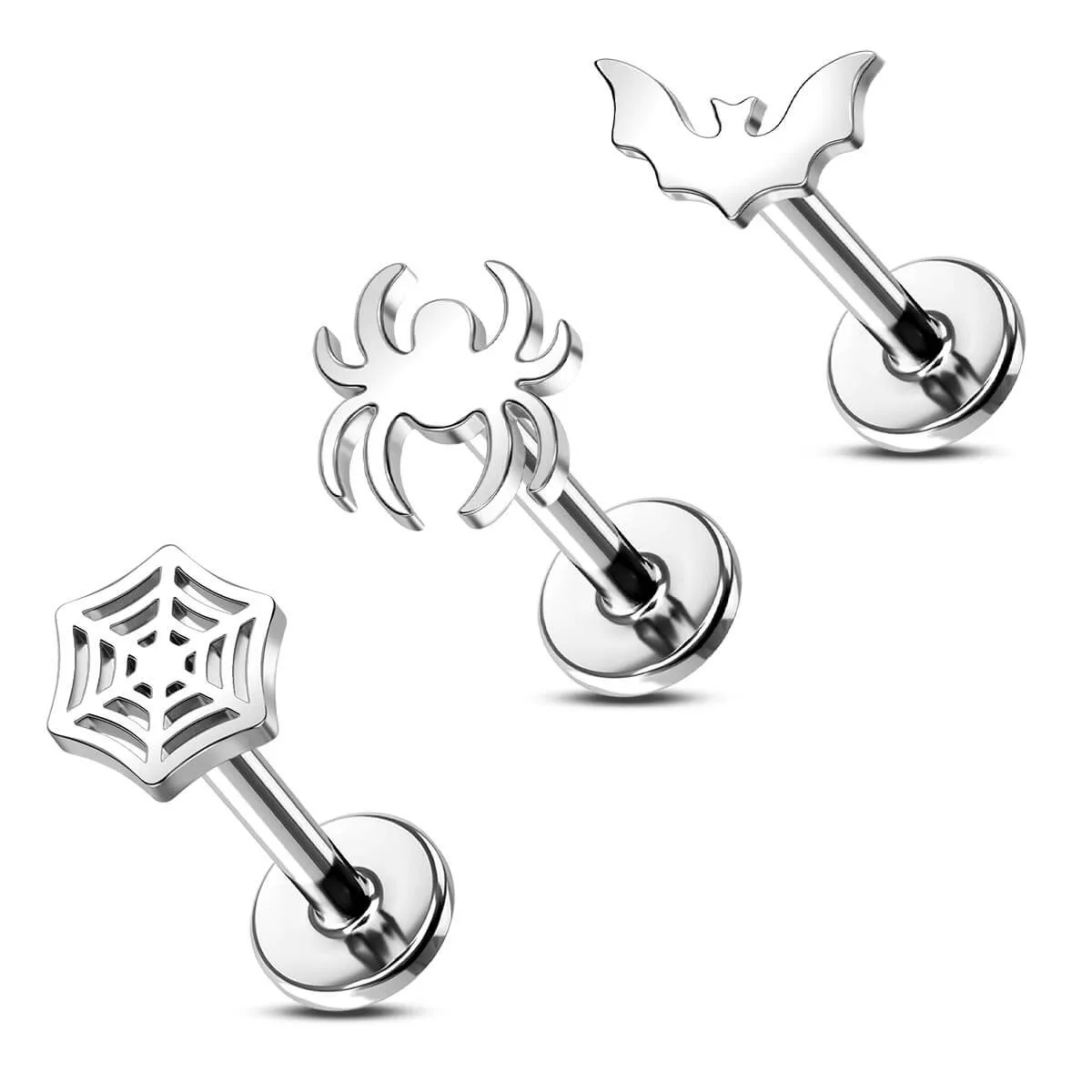 16G 3PCS Flat Spider Web/Bat/Spider Internally Threaded Labret Studs Set