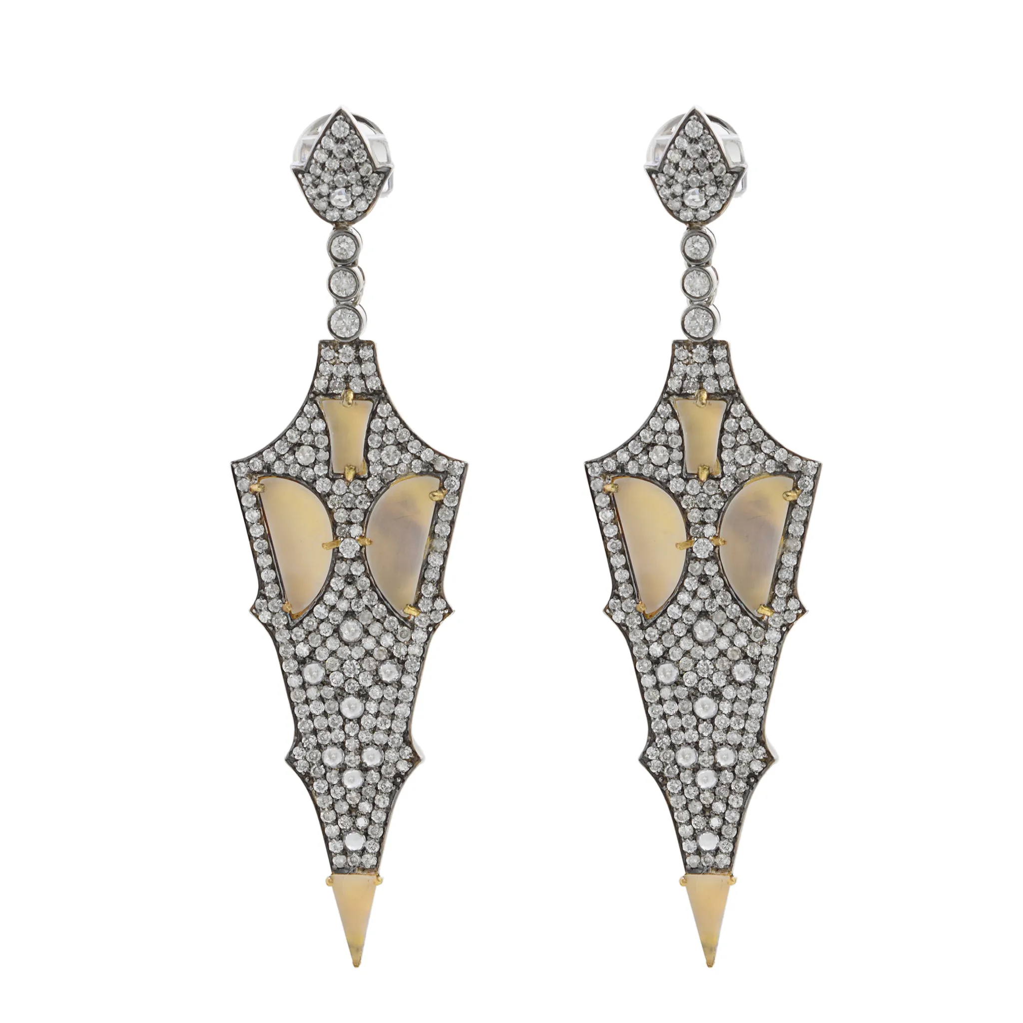 18KT White Gold Elongated Triangular Drop Earrings with Round Cut Diamonds