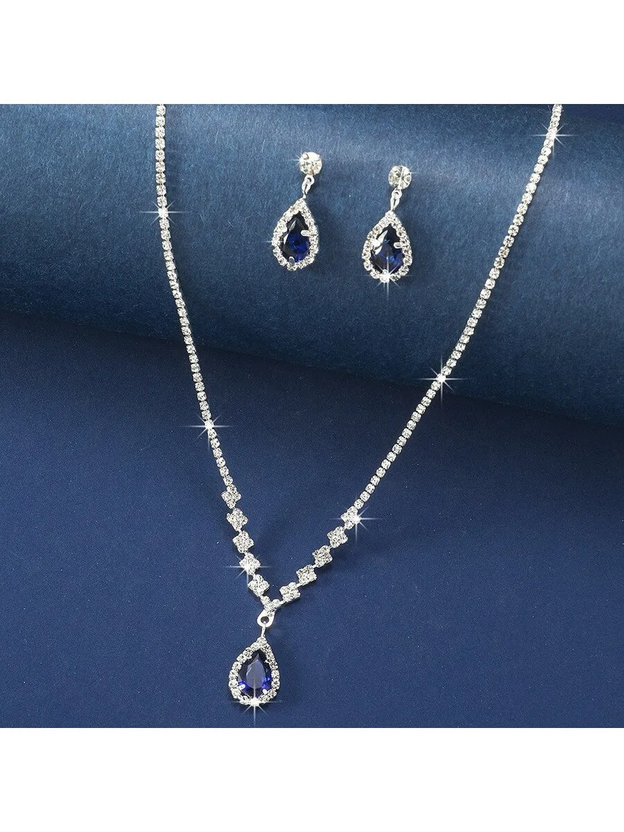 1pc Necklace & Earrings Set Fashionable Waterdrop Rhinestone Jewelry Set