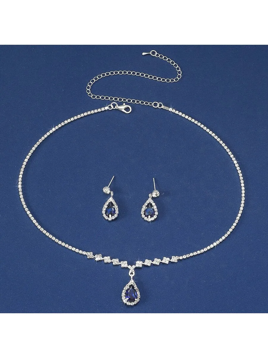 1pc Necklace & Earrings Set Fashionable Waterdrop Rhinestone Jewelry Set