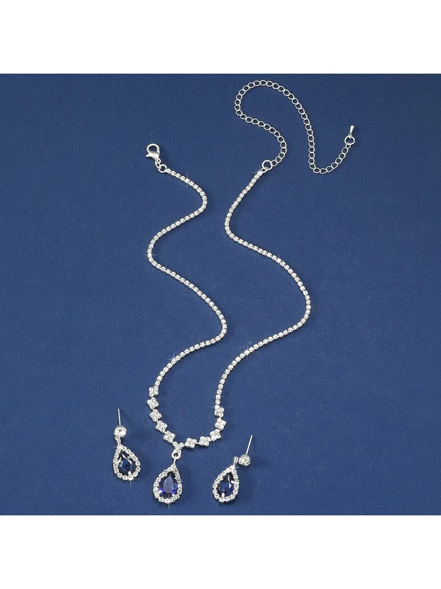 1pc Necklace & Earrings Set Fashionable Waterdrop Rhinestone Jewelry Set