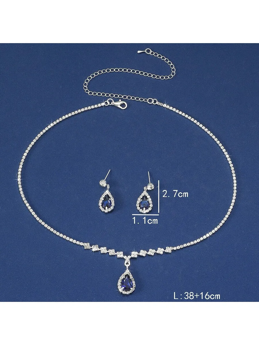 1pc Necklace & Earrings Set Fashionable Waterdrop Rhinestone Jewelry Set