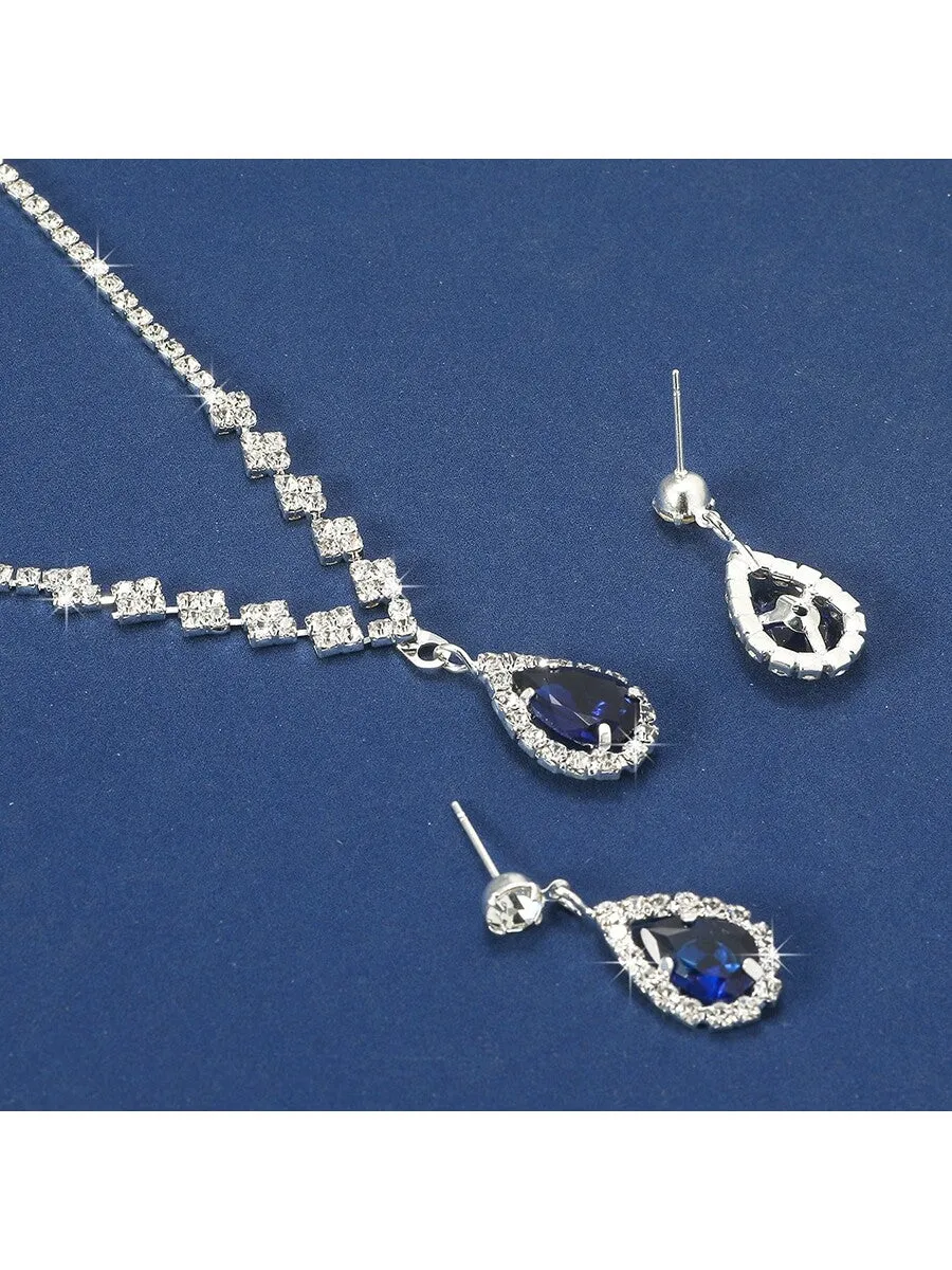 1pc Necklace & Earrings Set Fashionable Waterdrop Rhinestone Jewelry Set