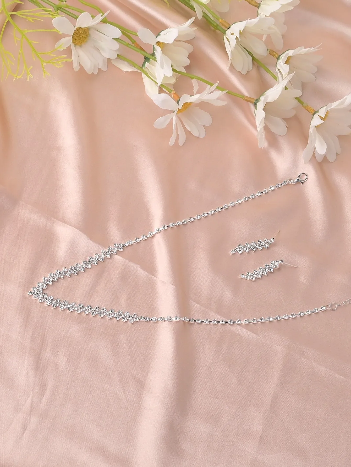 1set Fashionable Luxurious Rhinestone Necklace And Earrings Set, Perfect For Bride Wedding Party Jewelry