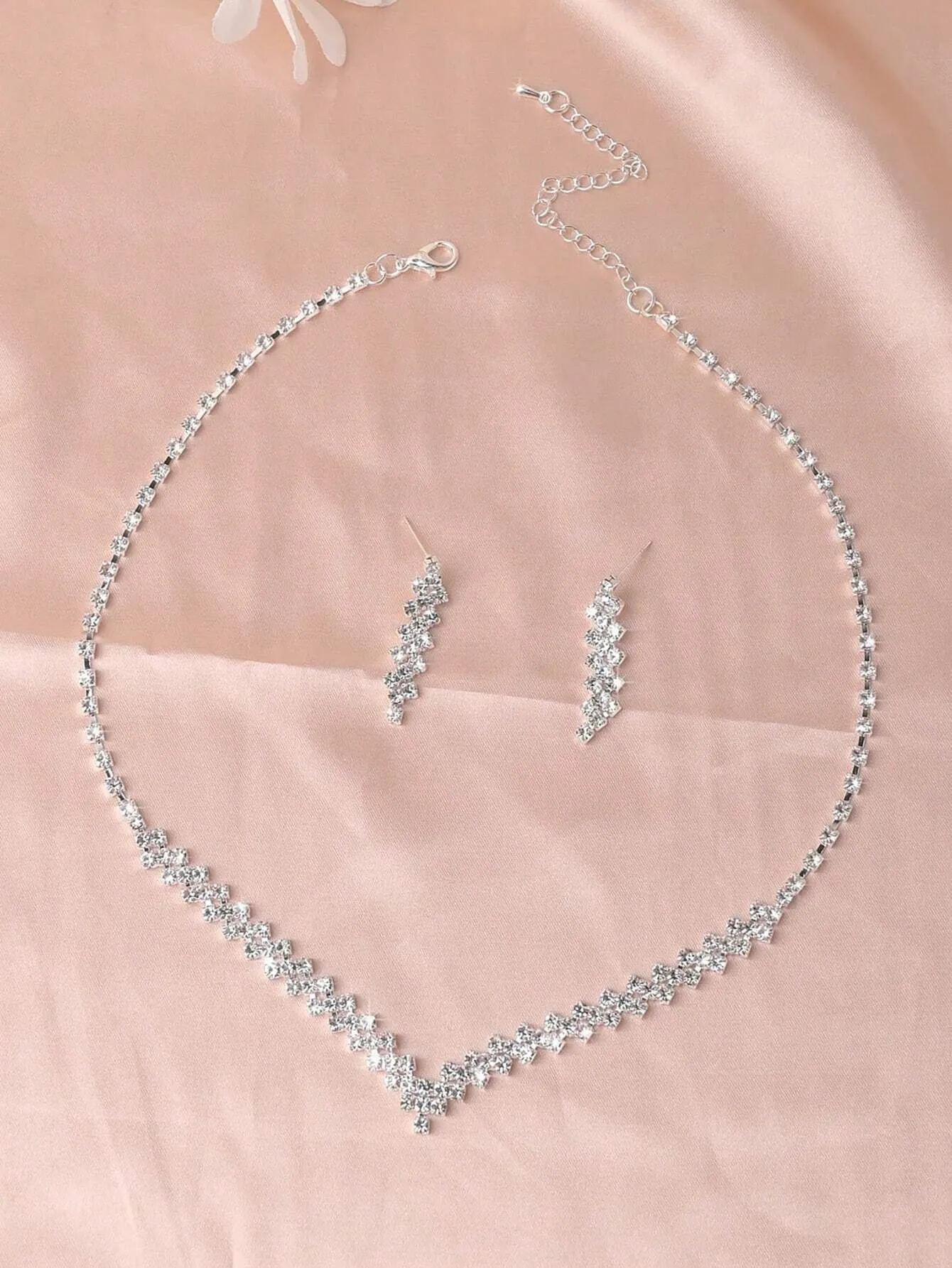 1set Fashionable Luxurious Rhinestone Necklace And Earrings Set, Perfect For Bride Wedding Party Jewelry