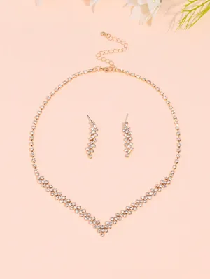 1set Fashionable Luxurious Rhinestone Necklace And Earrings Set, Perfect For Bride Wedding Party Jewelry