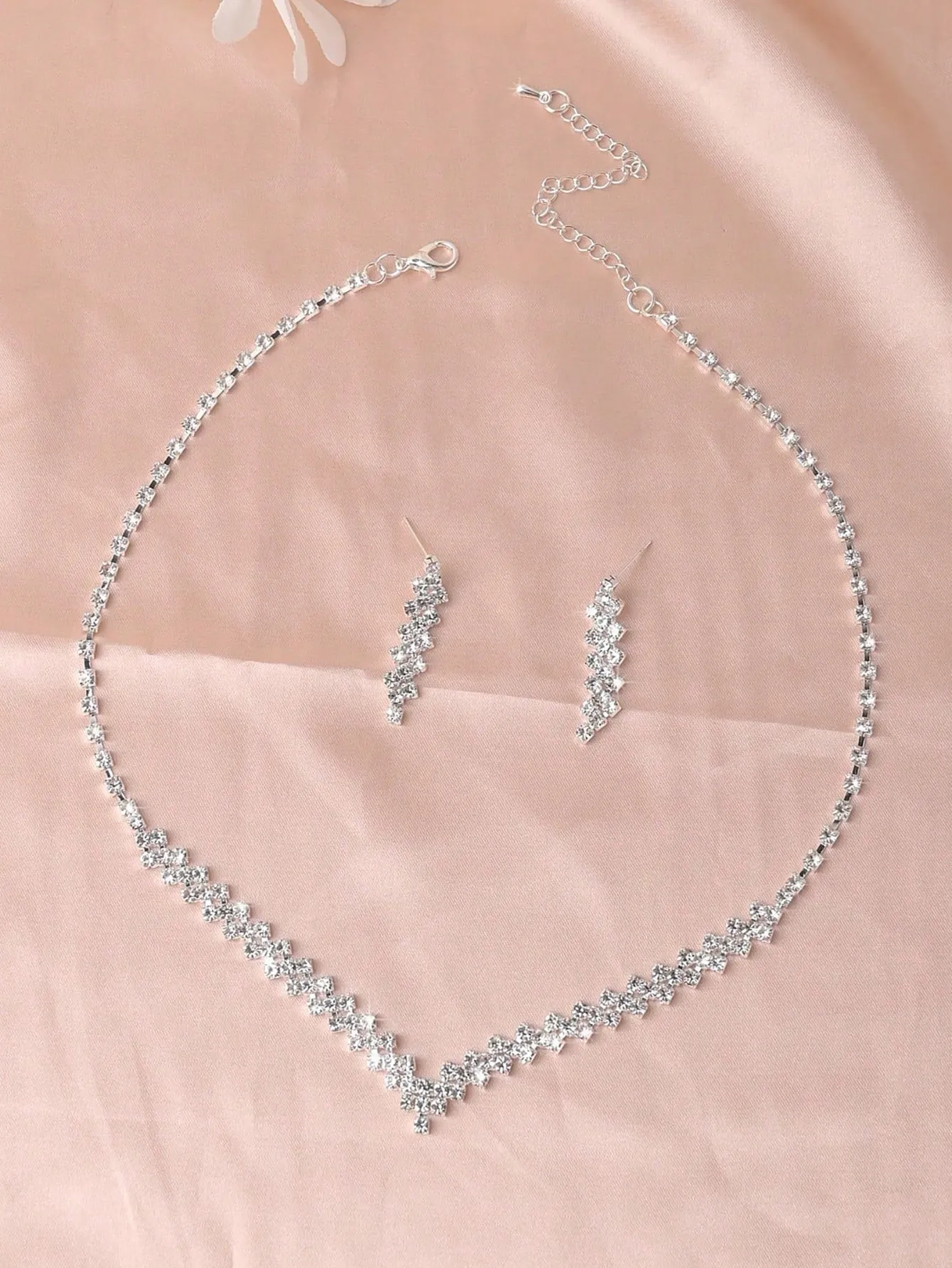 1set Fashionable Luxurious Rhinestone Necklace And Earrings Set, Perfect For Bride Wedding Party Jewelry