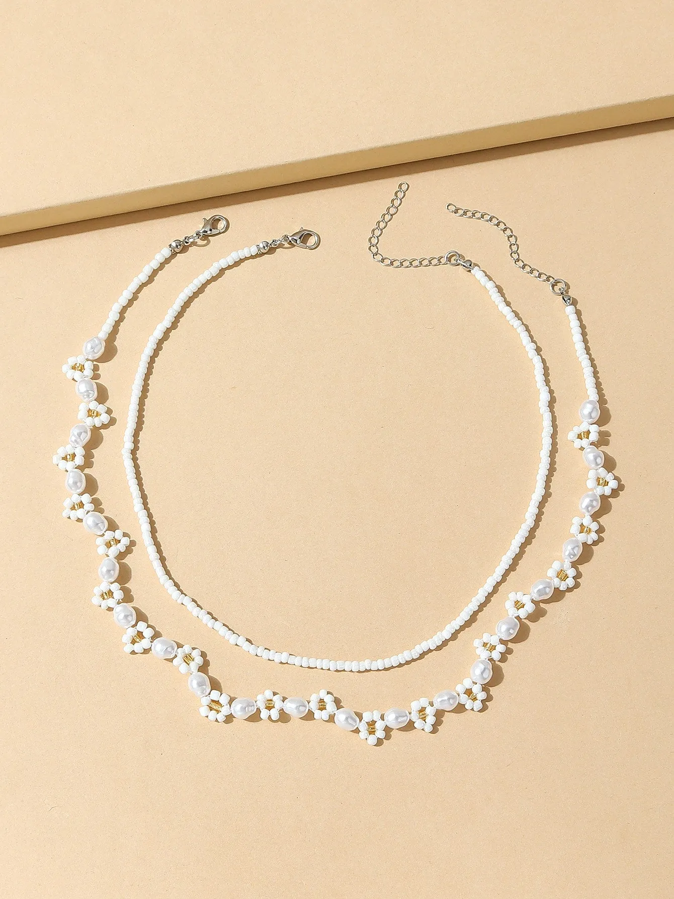 2pcs White FLower Pearl Decor Beaded Necklace for Women Girls Accessories