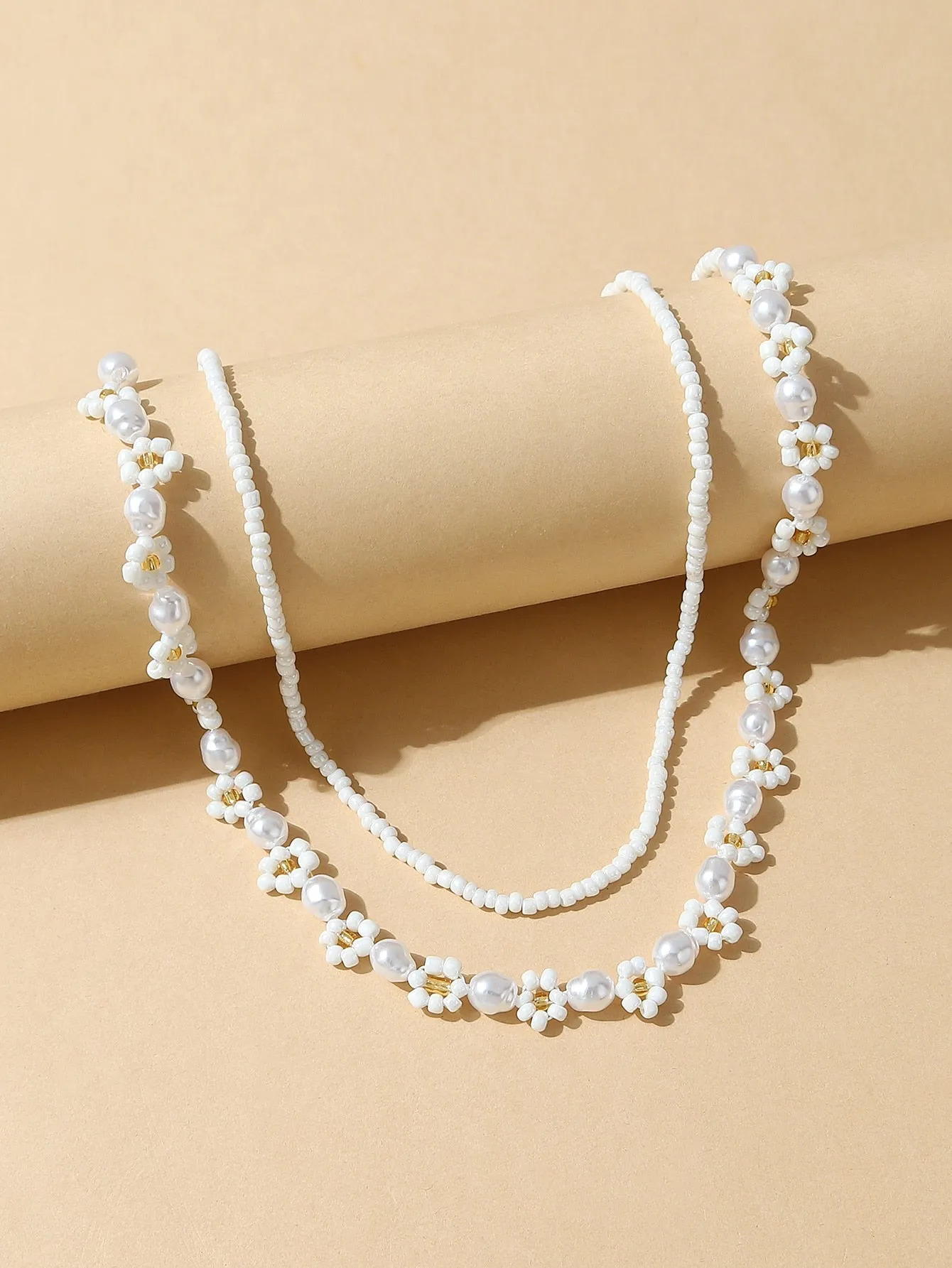 2pcs White FLower Pearl Decor Beaded Necklace for Women Girls Accessories