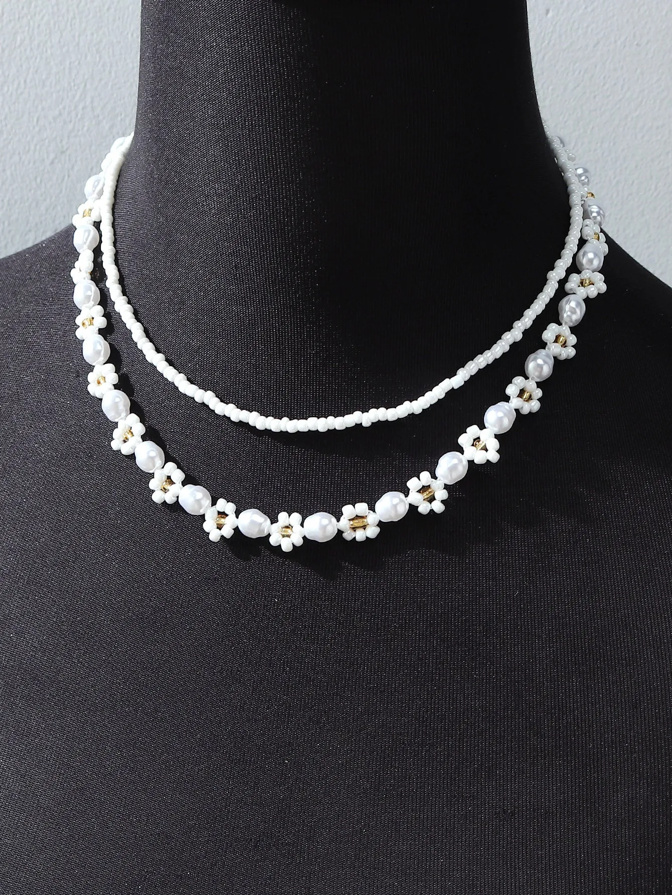 2pcs White FLower Pearl Decor Beaded Necklace for Women Girls Accessories