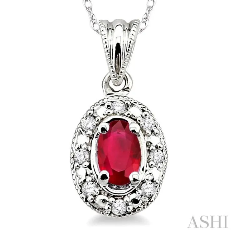 5x3 MM Oval Shape Ruby and 1/20 Ctw Single Cut Diamond Pendant in 10K White Gold with Chain.