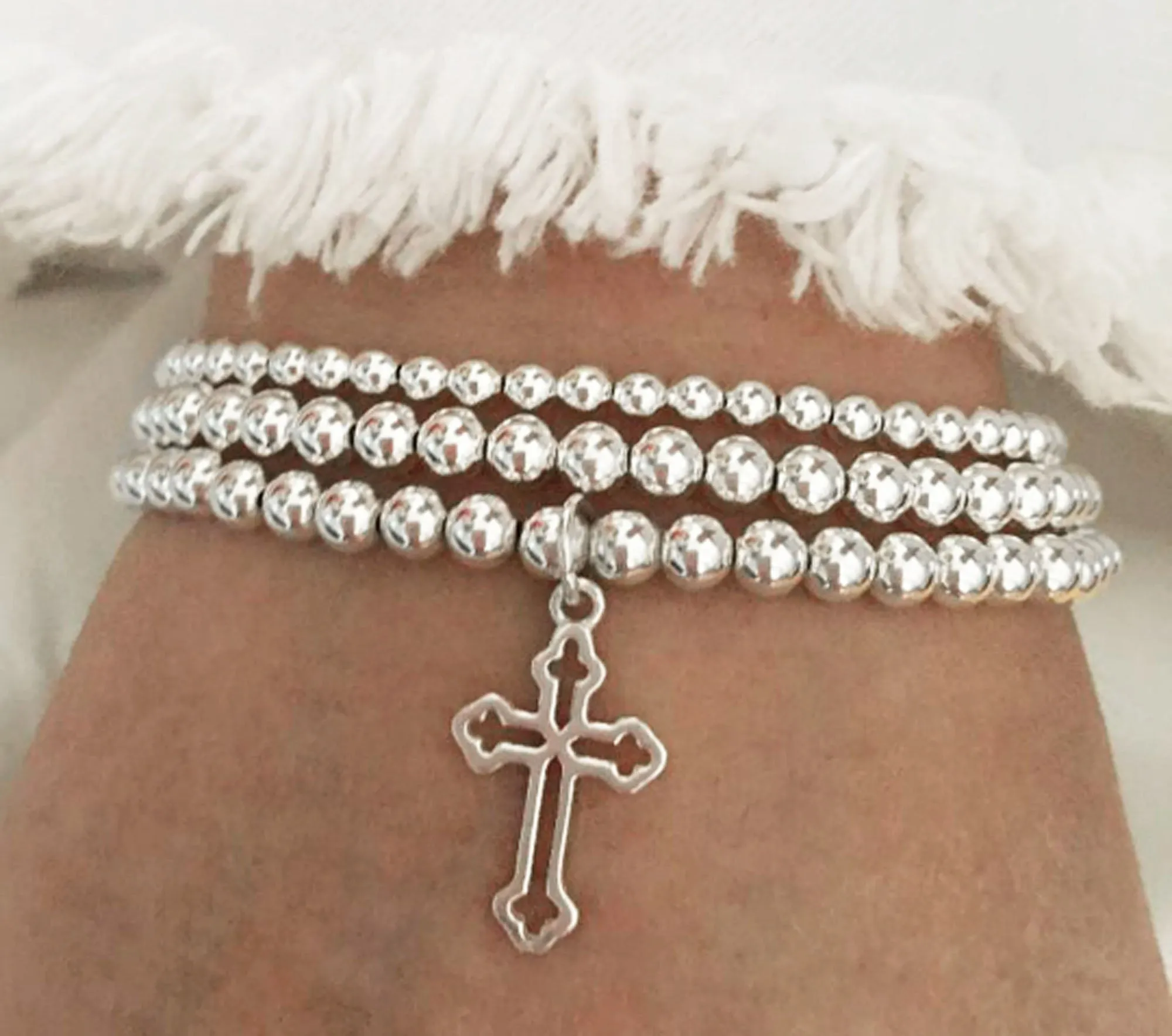 925 Sterling Silver Cross Charm Bracelet, Beaded Bracelet, Religious, Sterling Silver Bracelet, Stacked Bracelets