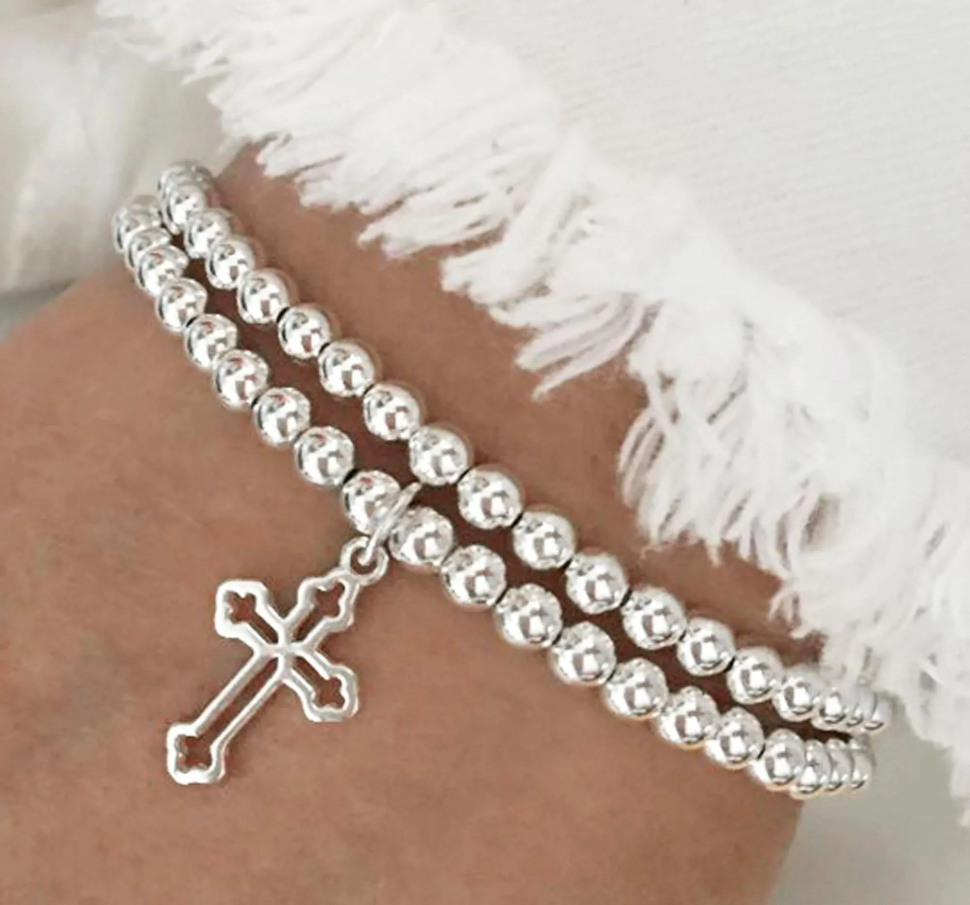 925 Sterling Silver Cross Charm Bracelet, Beaded Bracelet, Religious, Sterling Silver Bracelet, Stacked Bracelets