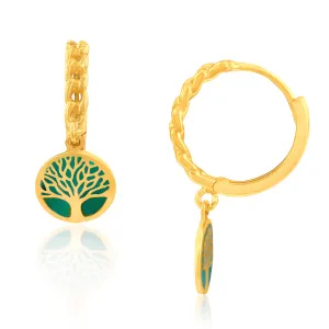 9ct Yellow Gold Green Tree Of Life Dangling On Sleeper Earrings