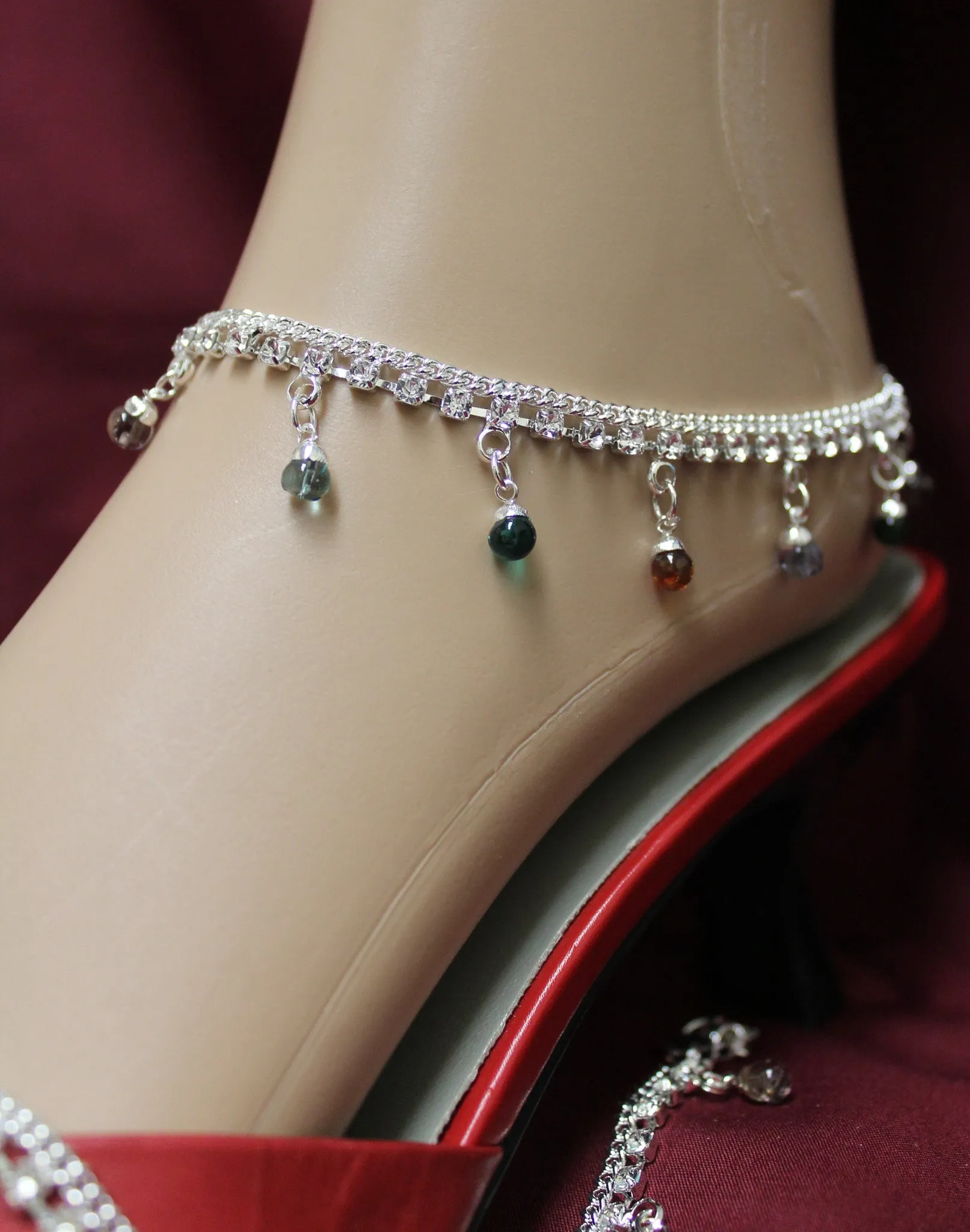 Anklet 3554 Silver Multi Color Payal Indian Shieno Sarees