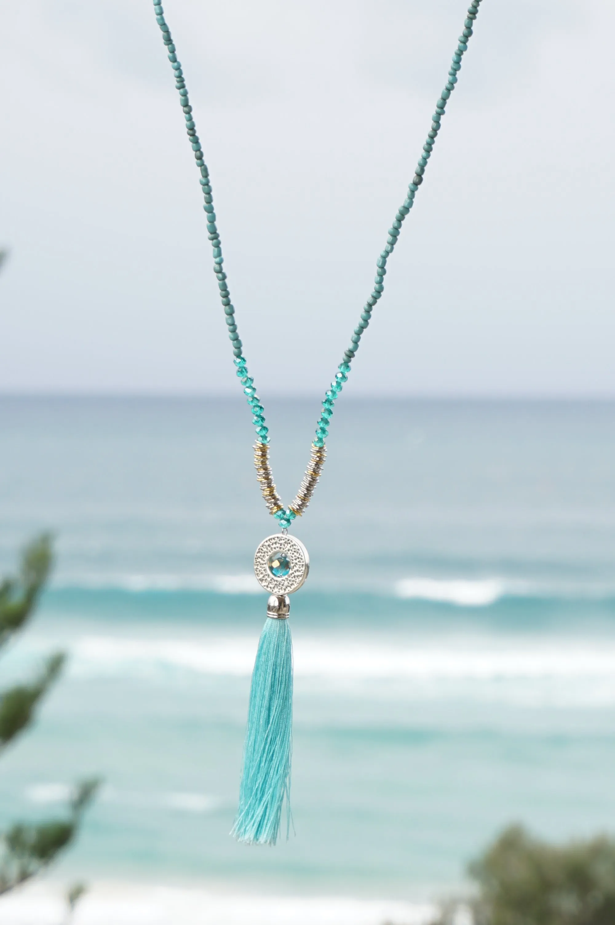 Aqua Circle Pendant Tassel Necklace