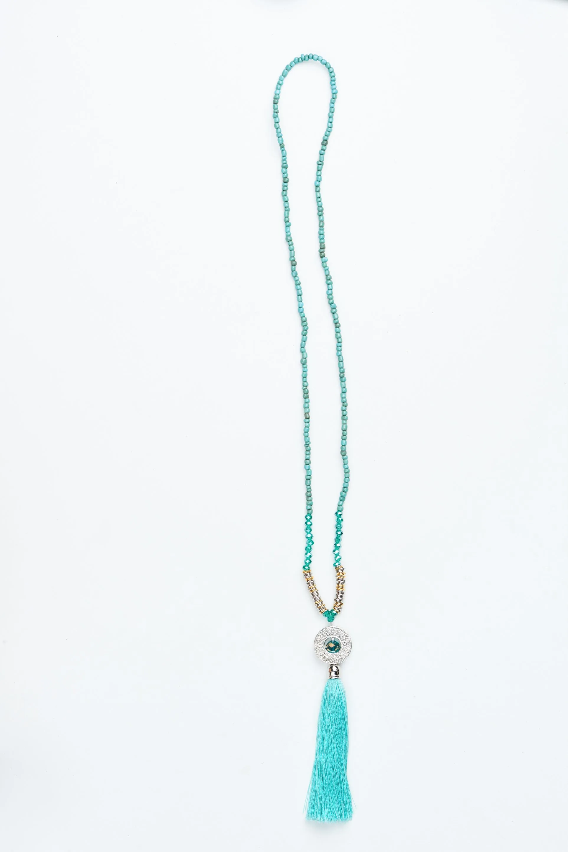 Aqua Circle Pendant Tassel Necklace