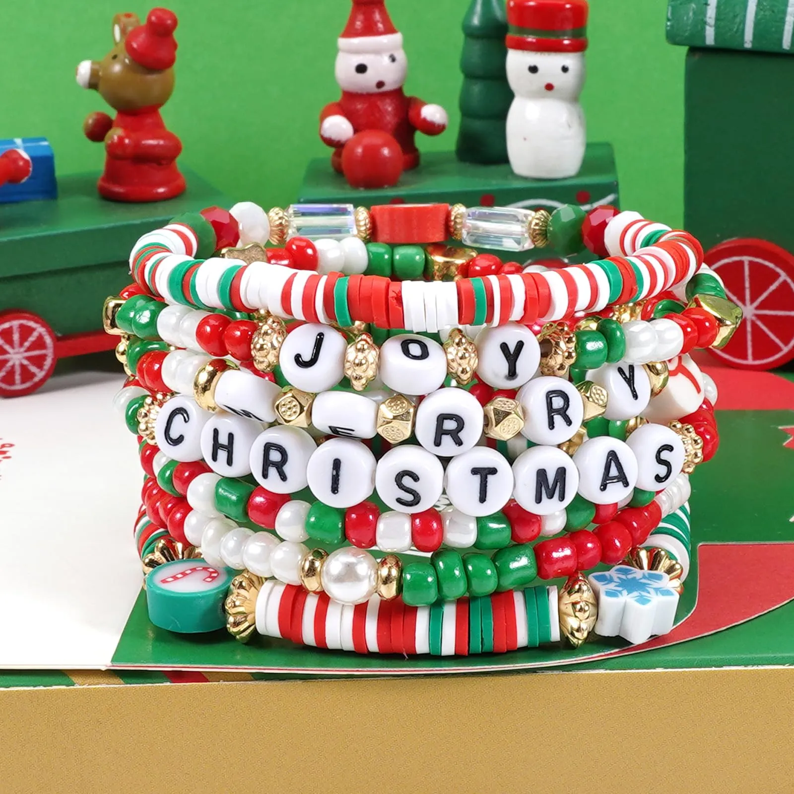 Ardorchid Christmas Heishi Bracelets for Women Cute Snowflake Santa Claus Stackable Clay Beaded Stretch Bracelets Merry Christmas Party Bracelet Jewelry