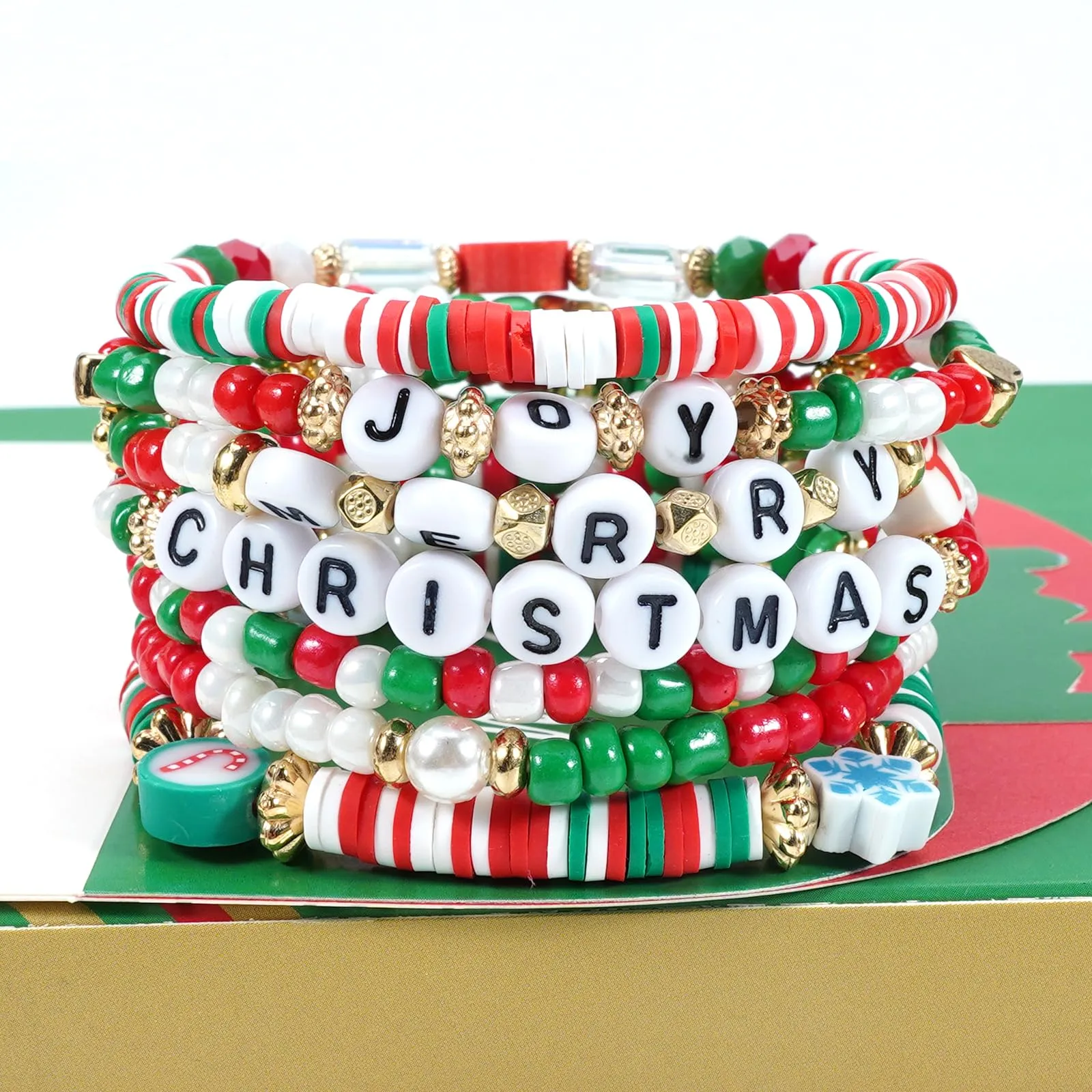 Ardorchid Christmas Heishi Bracelets for Women Cute Snowflake Santa Claus Stackable Clay Beaded Stretch Bracelets Merry Christmas Party Bracelet Jewelry