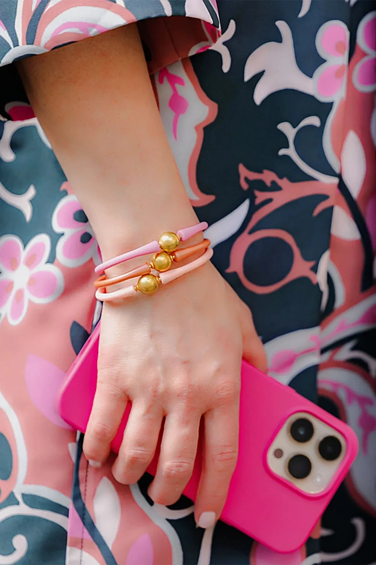 Bali 24K Gold Plated Ball Bead Silicone Bracelet in Bubblegum Pink