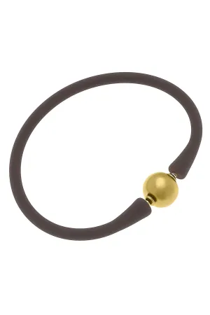 Bali 24K Gold Plated Ball Bead Silicone Bracelet in Chocolate Brown