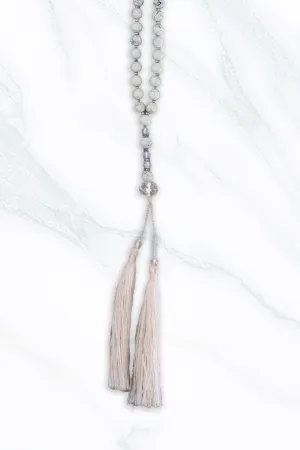 Beige & Crystal Beaded Tassel Necklace