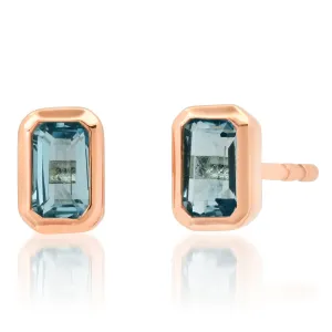 Bezel Set Emerald Cut London Blue Topaz Stud Earrings