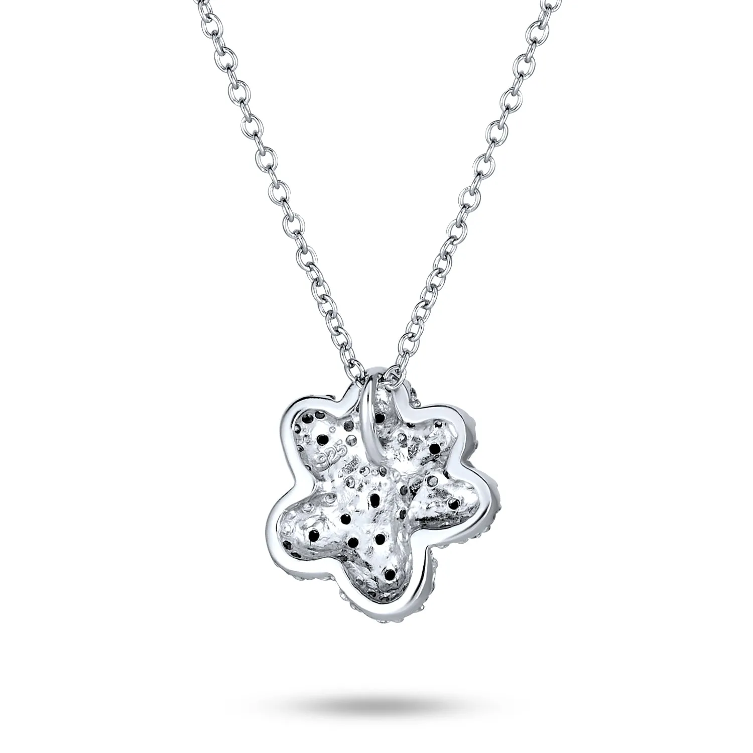 Black White Pave CZ Pet Paw Print Pendant Necklace in Sterling Silver