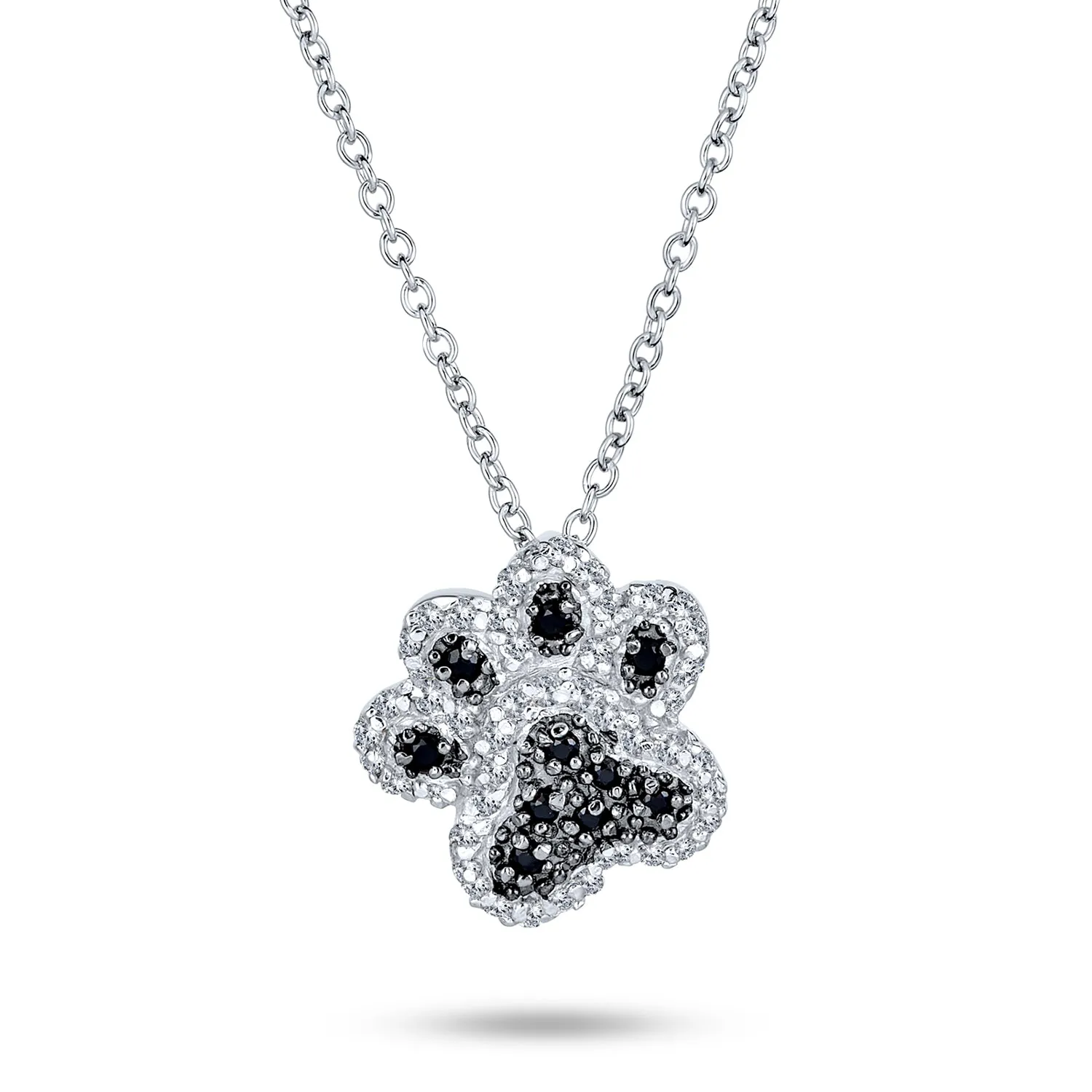 Black White Pave CZ Pet Paw Print Pendant Necklace in Sterling Silver