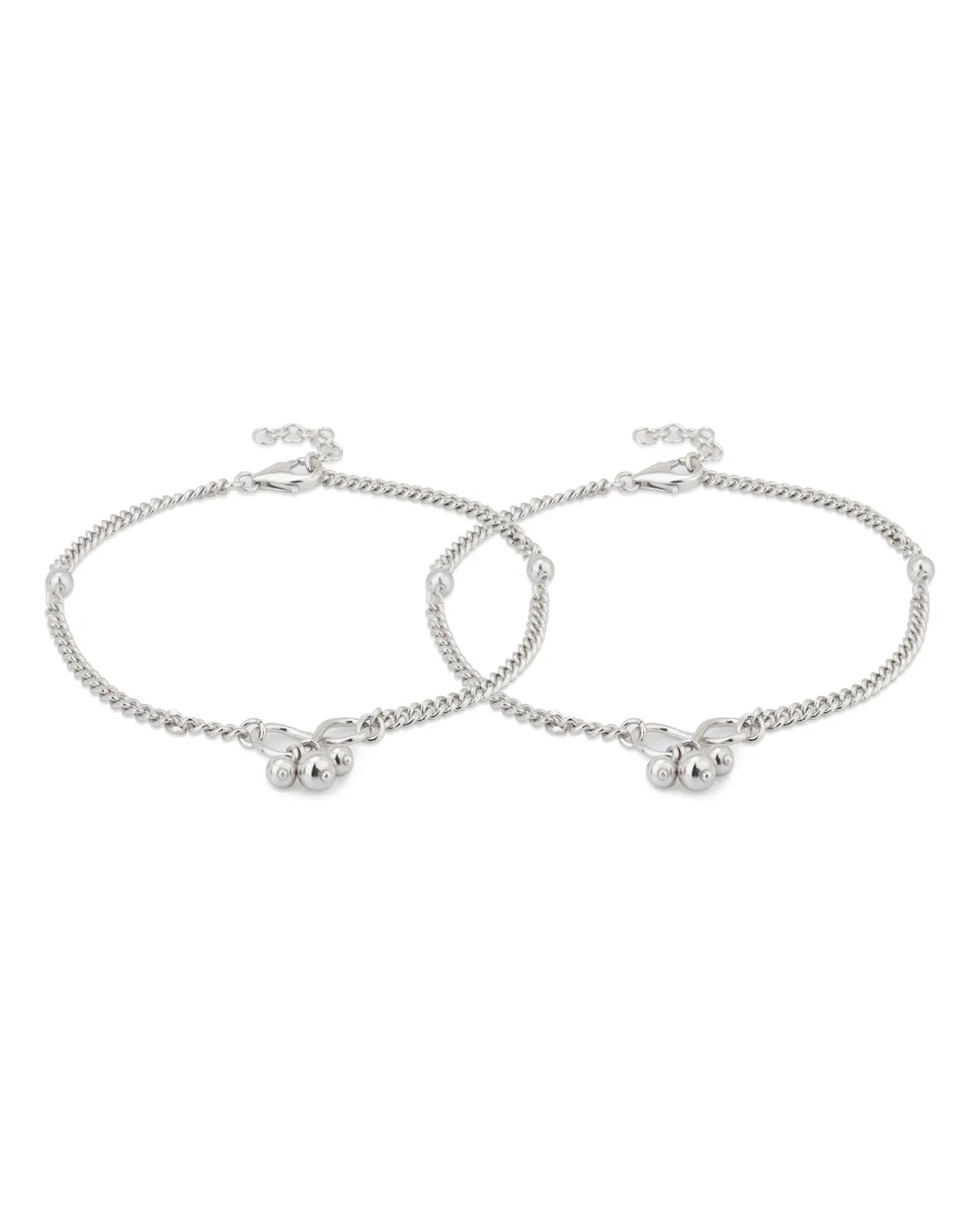 Carlton London -Set Of 2 Rhodium-Plated Silver Toned Infinity Shape Silver Beaded Link Anklets For Women