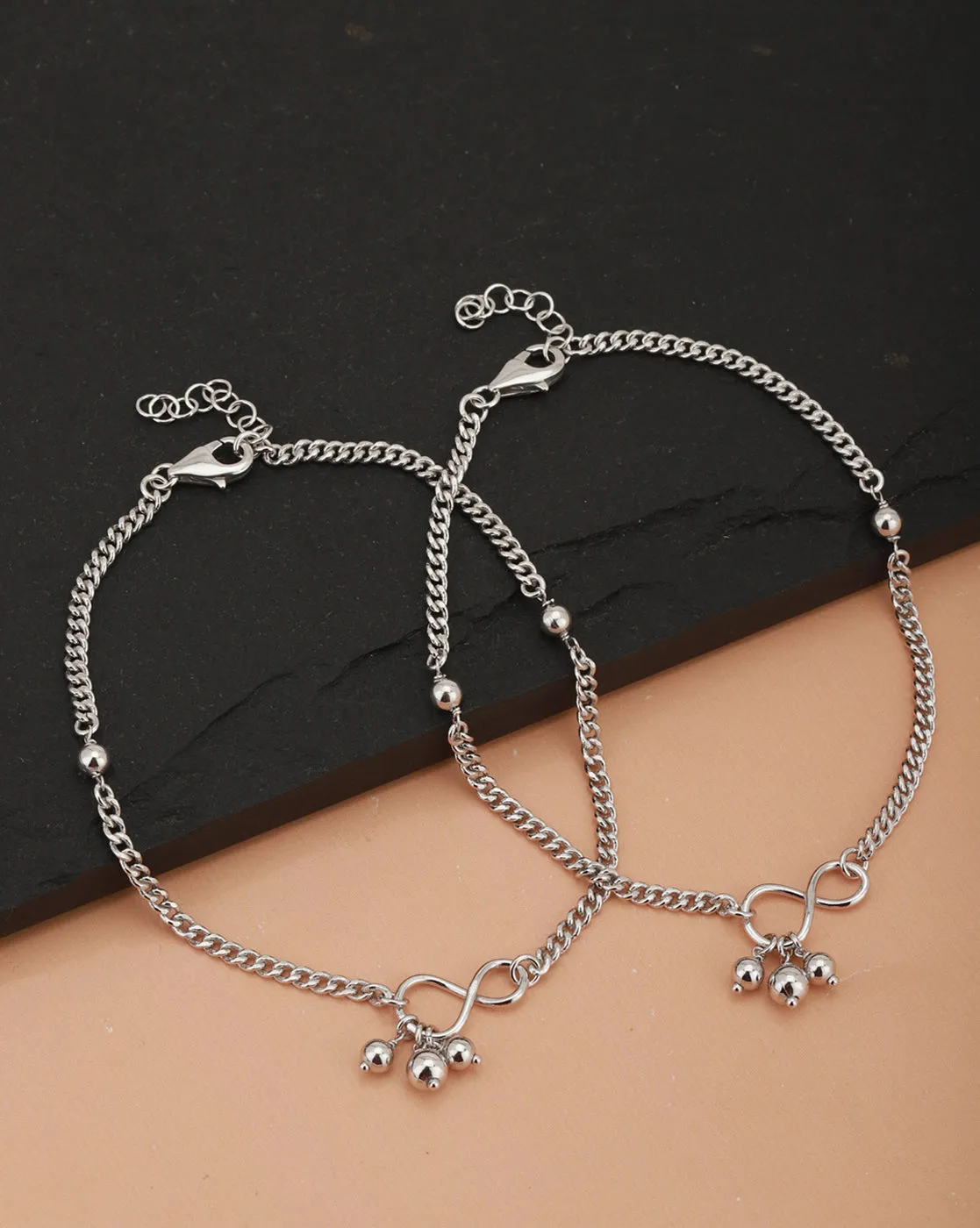 Carlton London -Set Of 2 Rhodium-Plated Silver Toned Infinity Shape Silver Beaded Link Anklets For Women