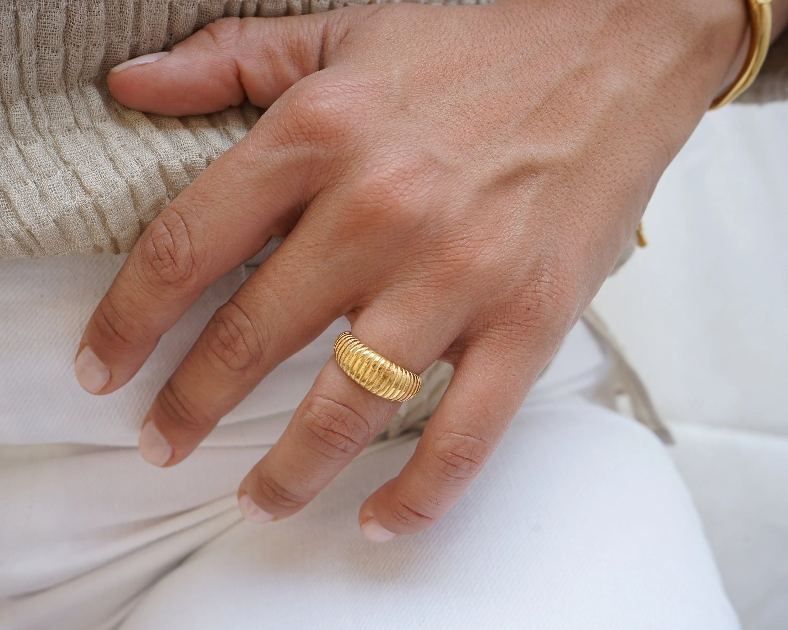 Dainty Gold Twisted Dome Ring - Braided Croissant Stacking Ring