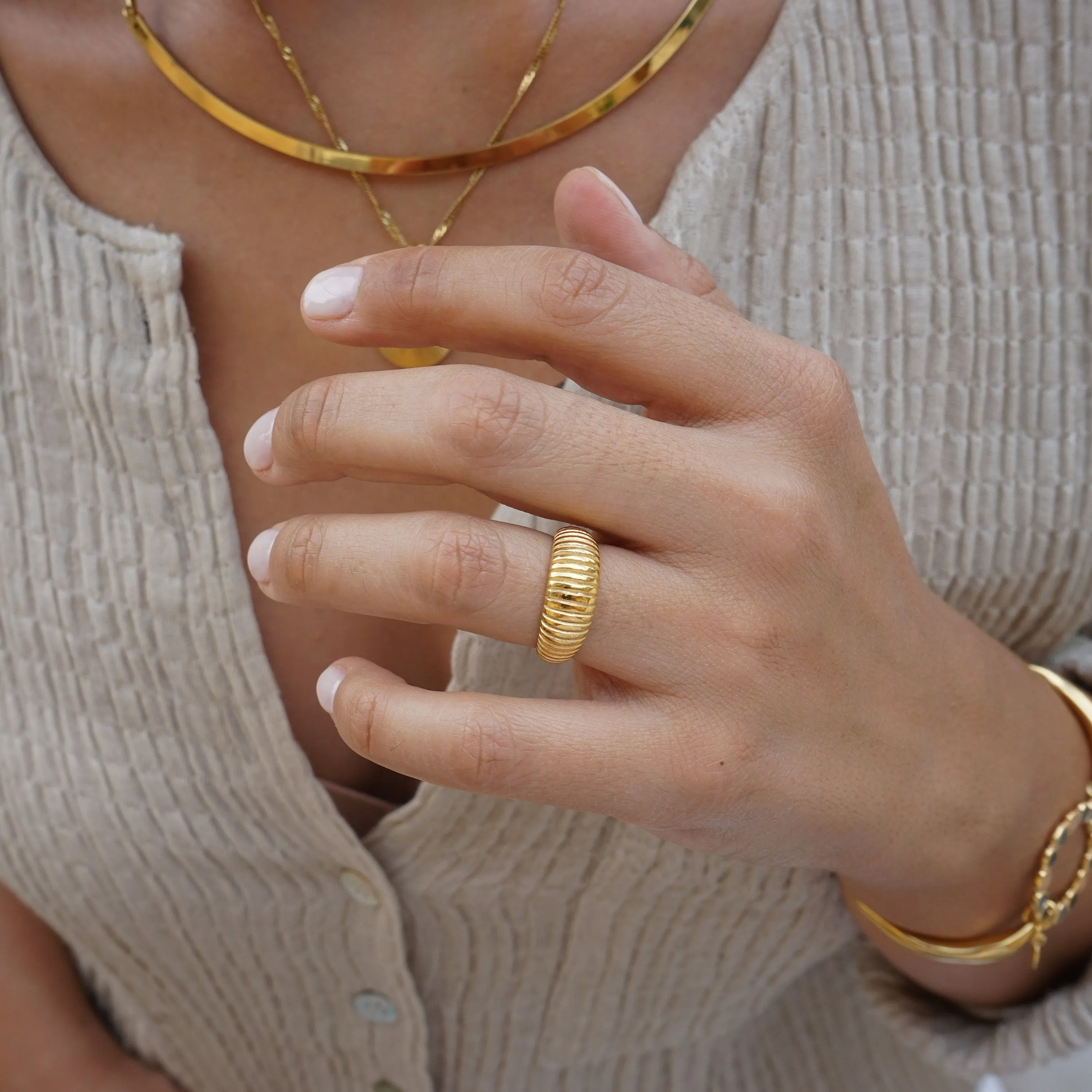 Dainty Gold Twisted Dome Ring - Braided Croissant Stacking Ring