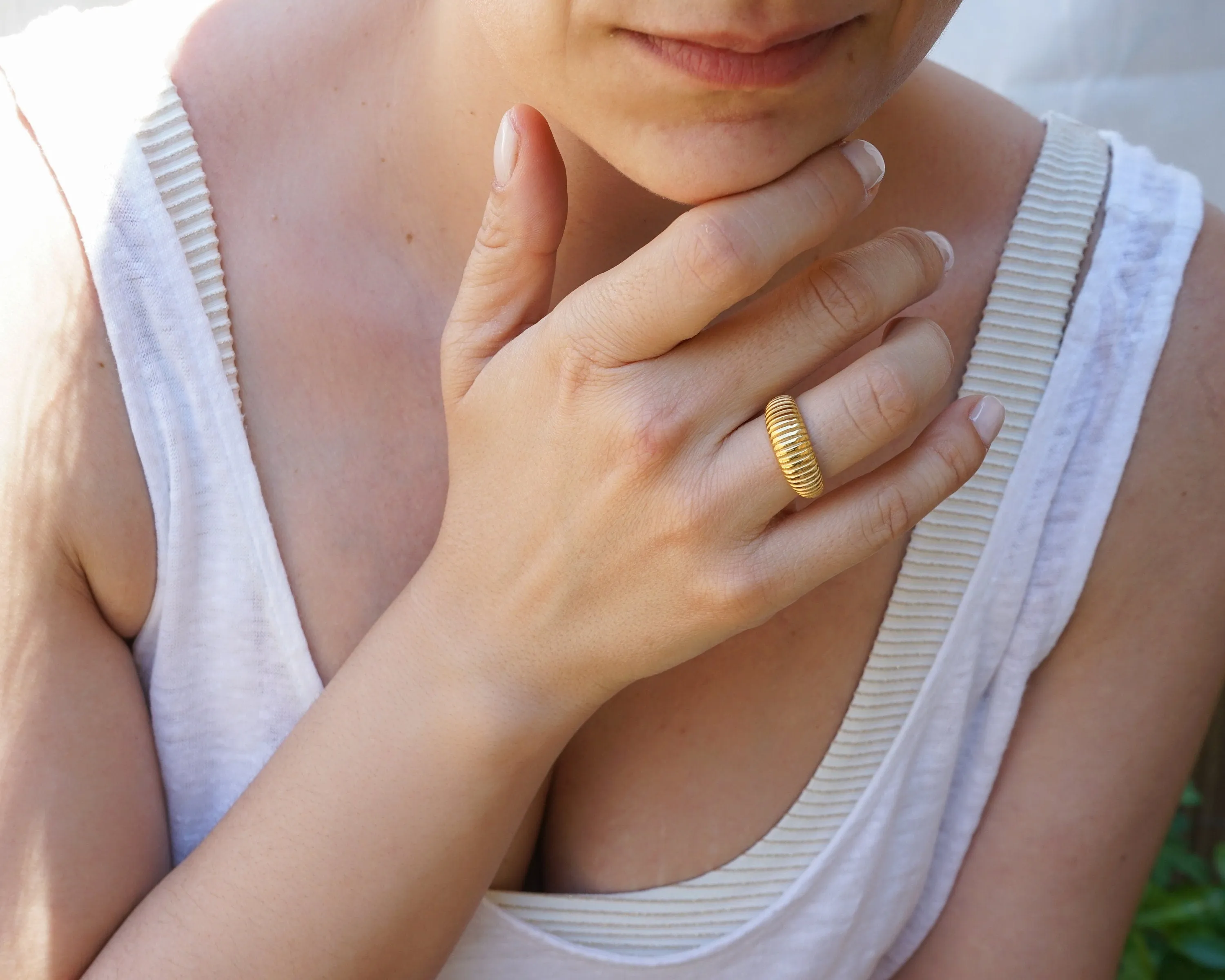 Dainty Gold Twisted Dome Ring - Braided Croissant Stacking Ring