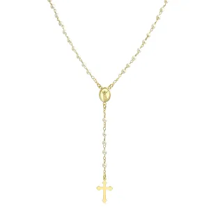 Dainty Religious Guardian Angel Rosary Necklace with White Simulated Pearls 18K Gold