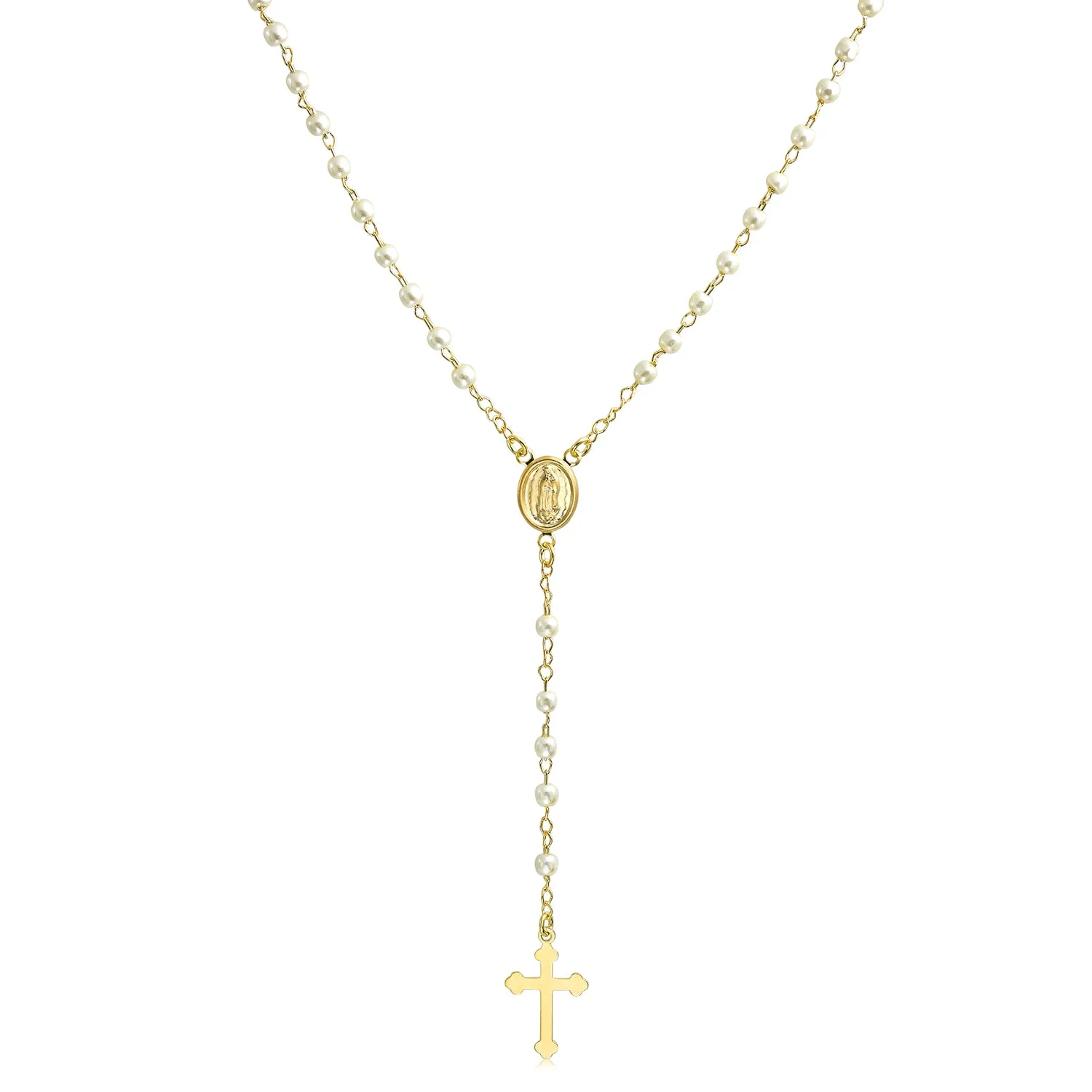 Dainty Religious Guardian Angel Rosary Necklace with White Simulated Pearls 18K Gold