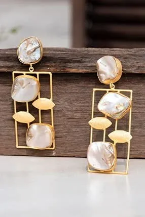 Designer Mother Of Pearl Brass Stud Dangle Earrings - Unique Statement Jewelry For Any Occasion