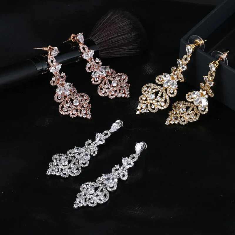 Elegant Evening Dinner Party  CZ Crystal Big Drop Dangle Earrings