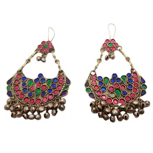 Ethnic Glass Stones Earrings With Dangling Bells