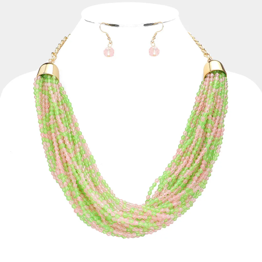 Faceted Beaded Multi Layered Necklace and Matching Earring