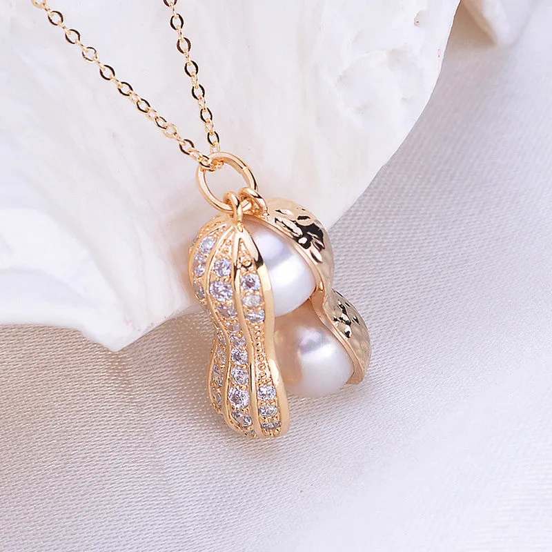 Fashionable Double Pearl Peanut Pendant Necklaces For Women S925 Sterling Silver Zircon Jewelry Rose gold Plated Jewelry