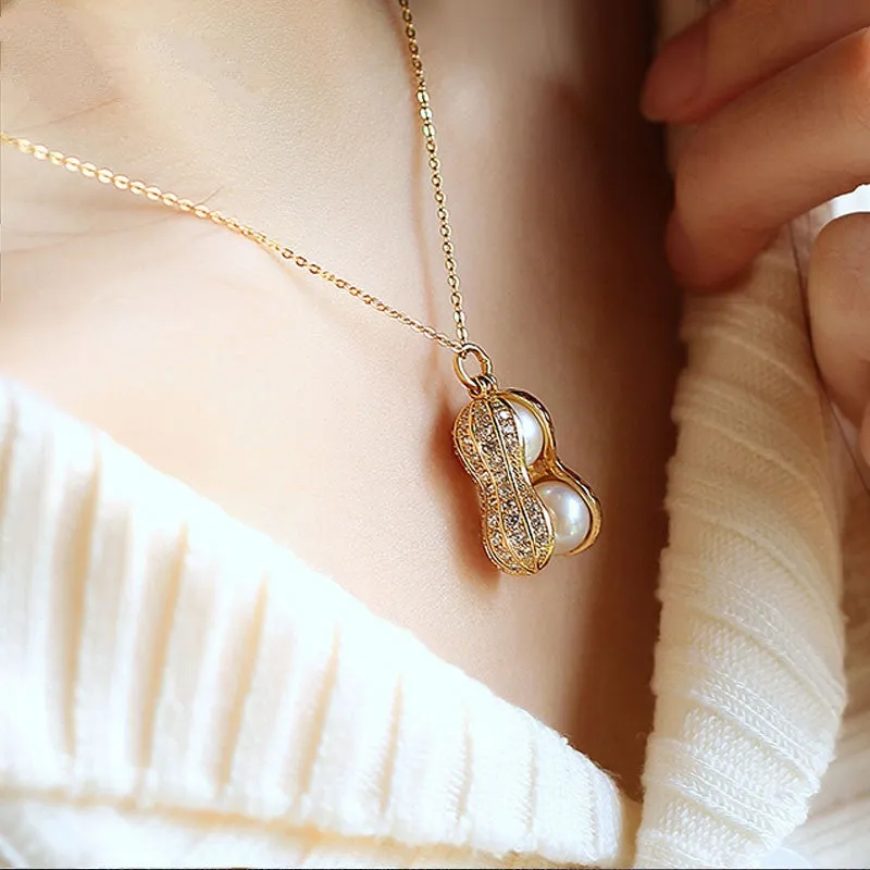 Fashionable Double Pearl Peanut Pendant Necklaces For Women S925 Sterling Silver Zircon Jewelry Rose gold Plated Jewelry