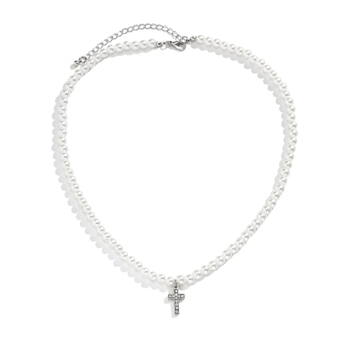 Fashionable simple hip-hop style diamond cross with pearl pendant necklace