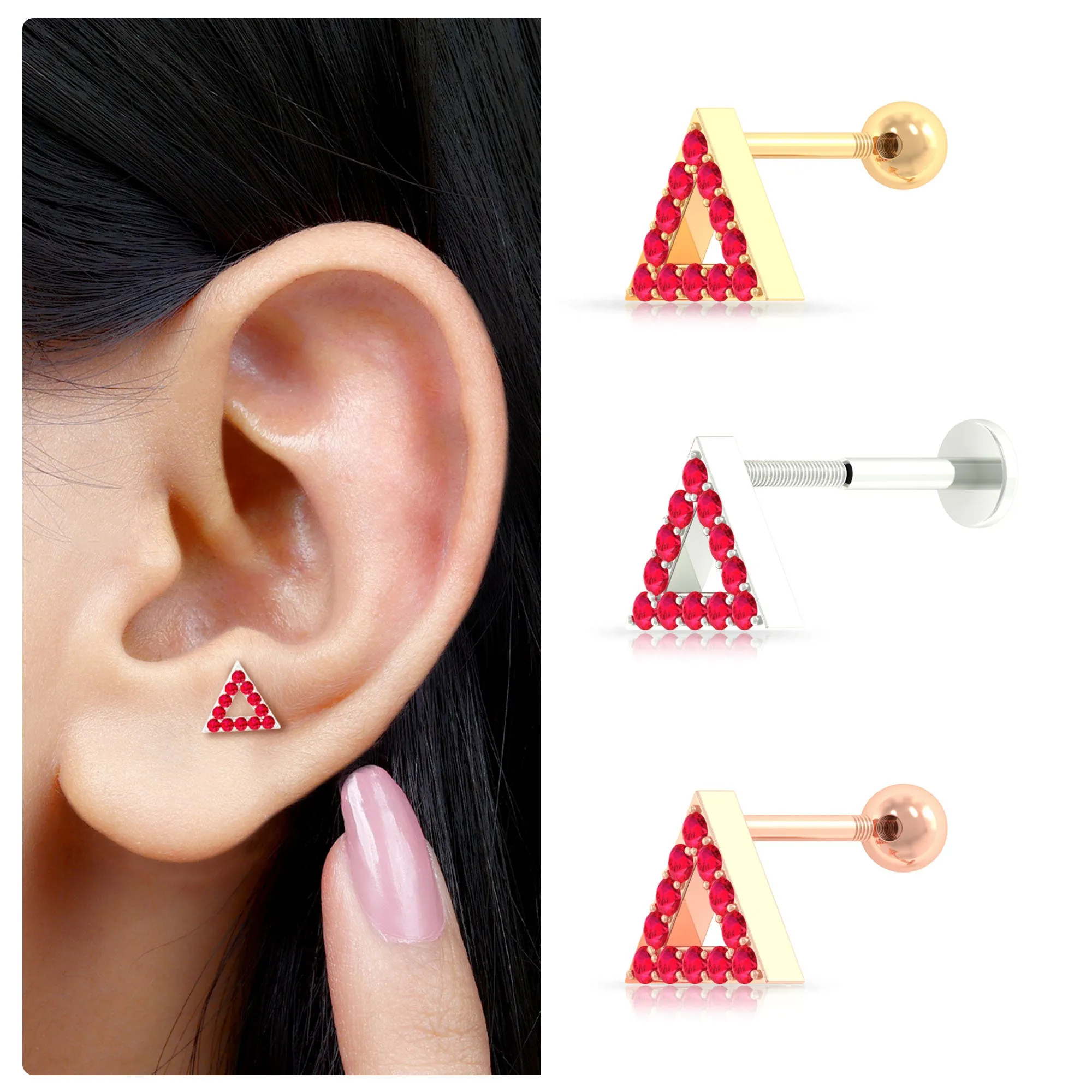 Genuine Ruby Triangle Earring for Cartilage Piercing